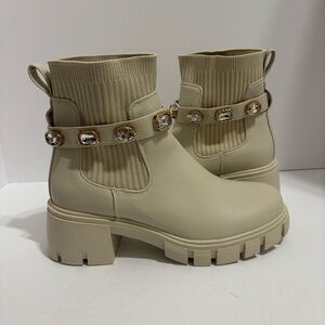 Elegant Cream Ankle Boots with Gemstone Accents